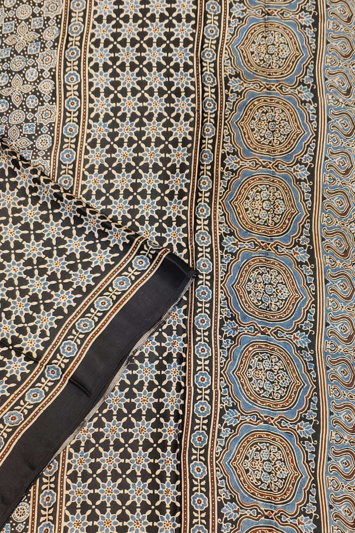 Modal silk saree in blue  in hand block ajrakh print