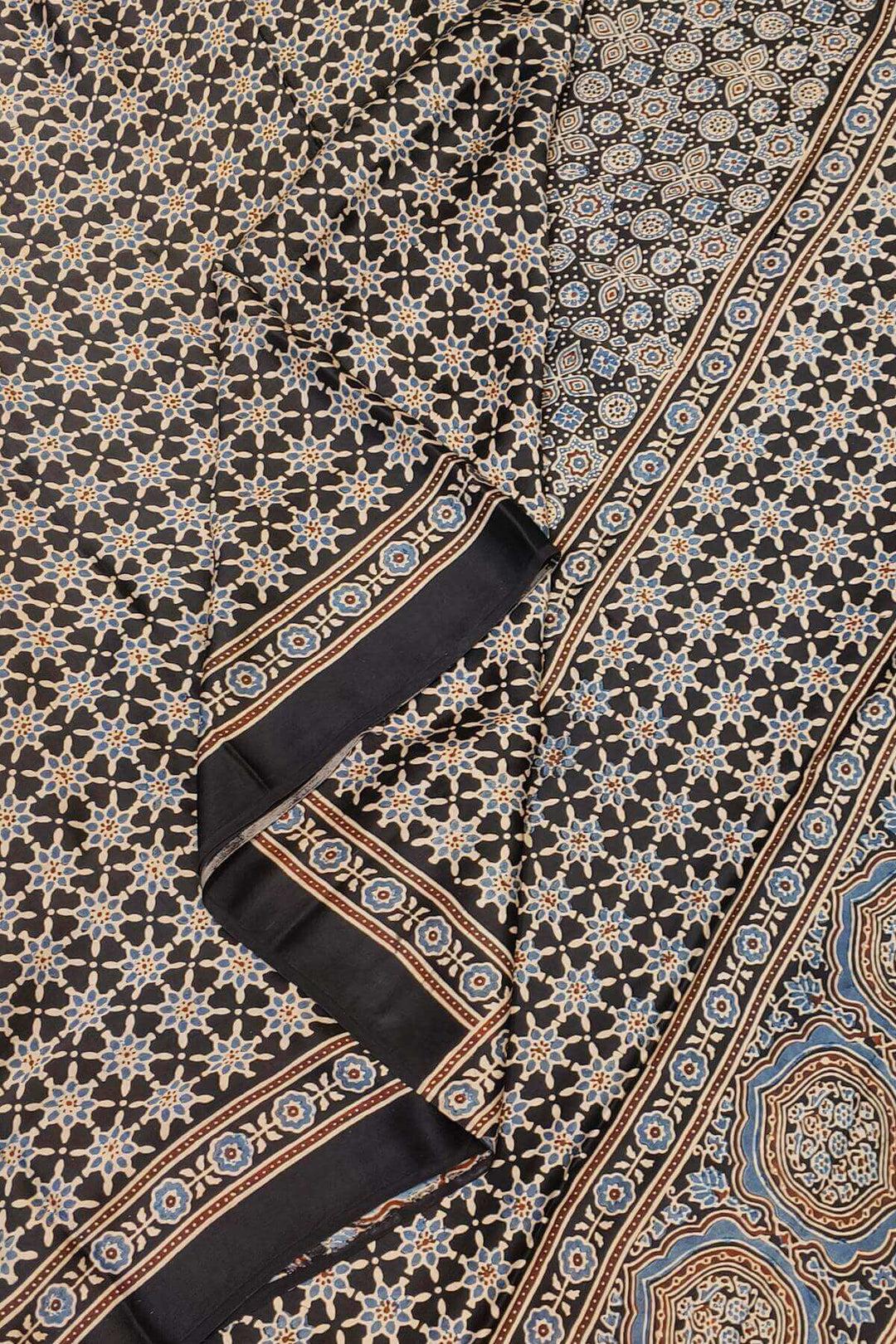 Modal silk saree in blue  in hand block ajrakh print