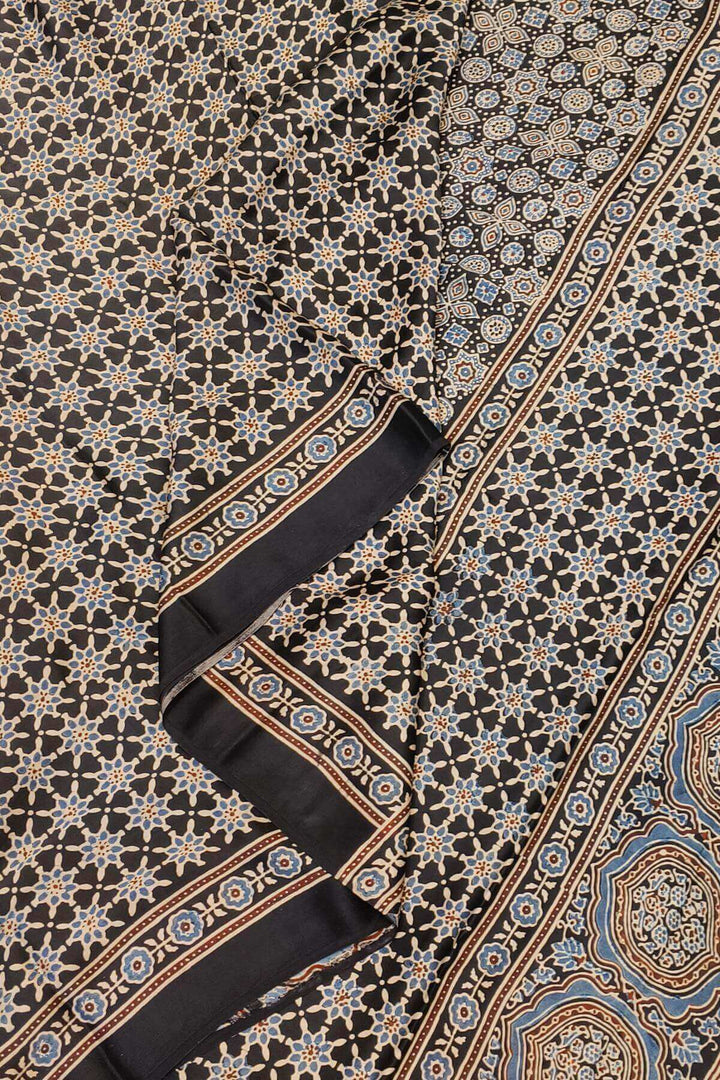 Modal silk saree in blue  in hand block ajrakh print