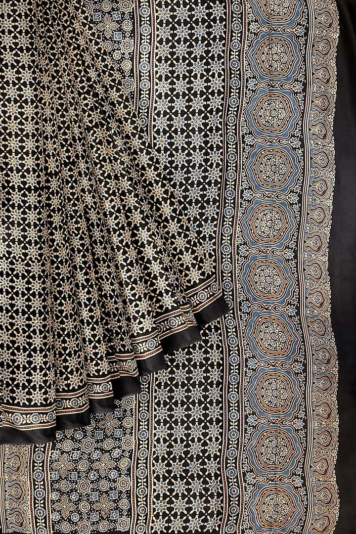 Modal silk saree in blue  in hand block ajrakh print