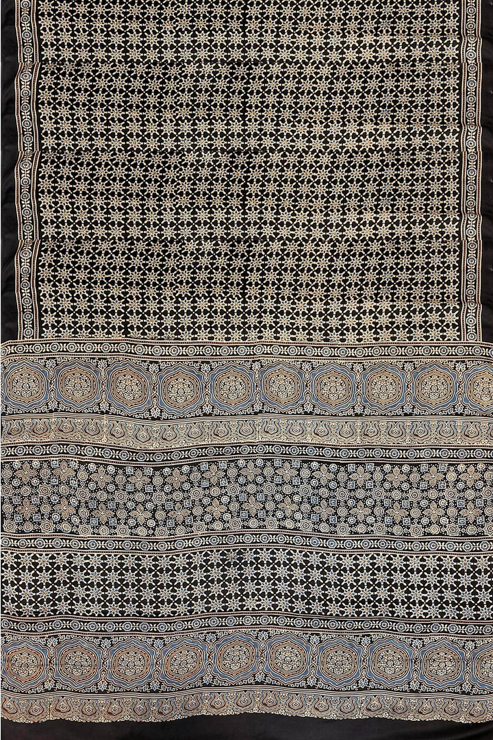 Modal silk saree in blue  in hand block ajrakh print