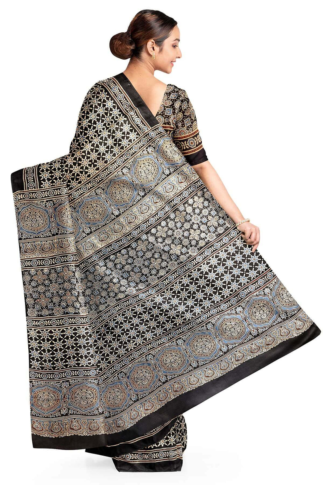 Modal silk saree in blue  in hand block ajrakh print