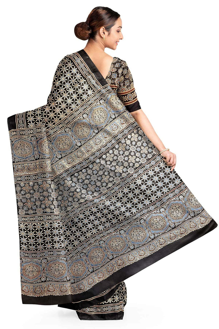 Modal silk saree in blue  in hand block ajrakh print