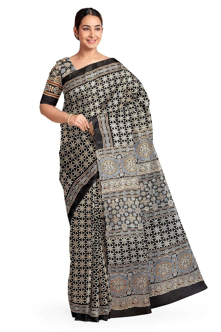 Modal silk saree in blue  in hand block ajrakh print