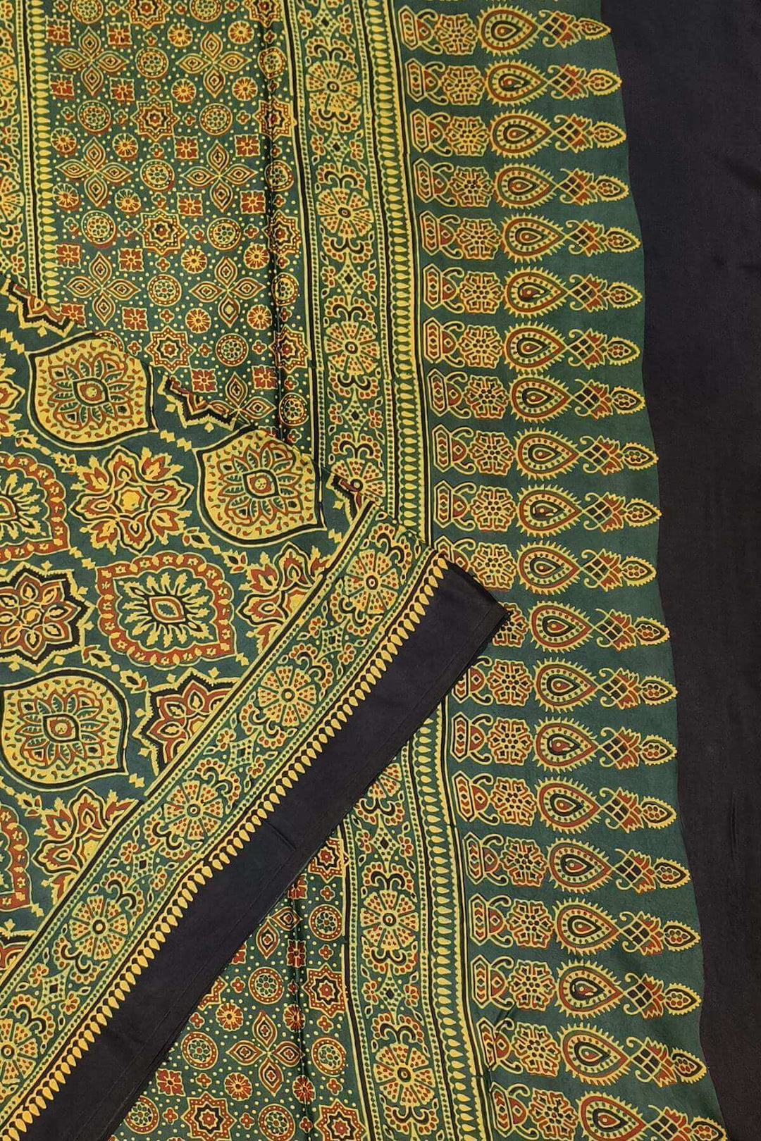 Modal silk saree in mehndi green in half & half pattern