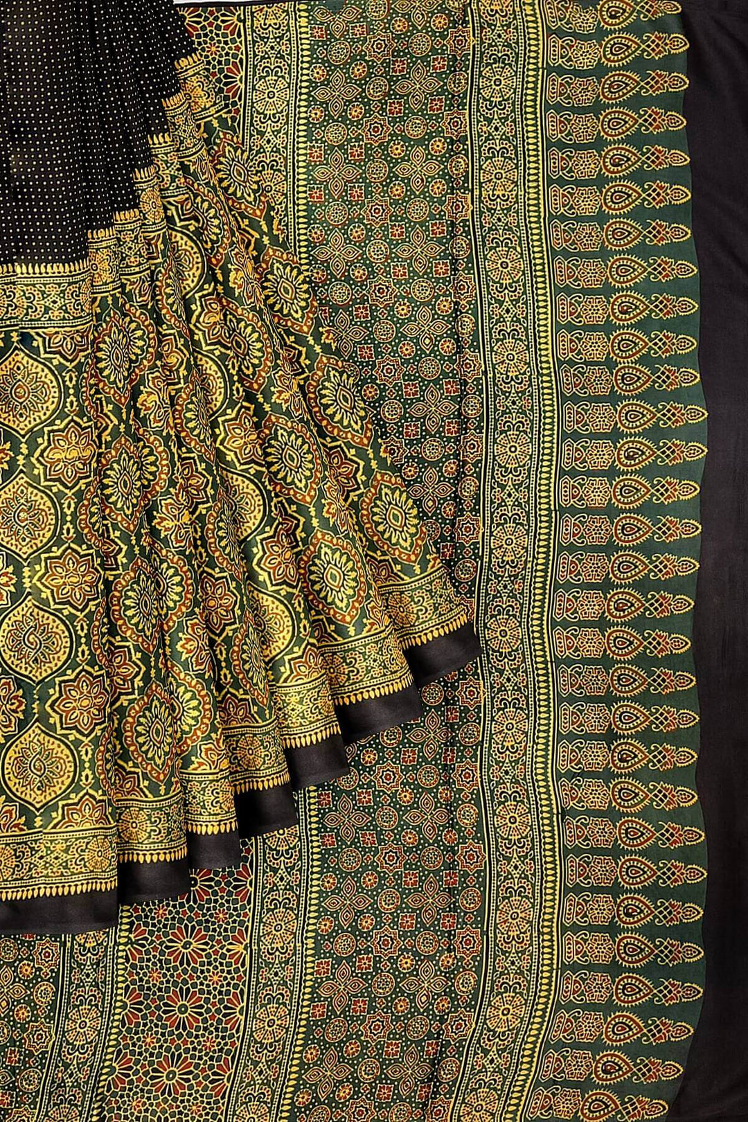 Modal silk saree in mehndi green in half & half pattern