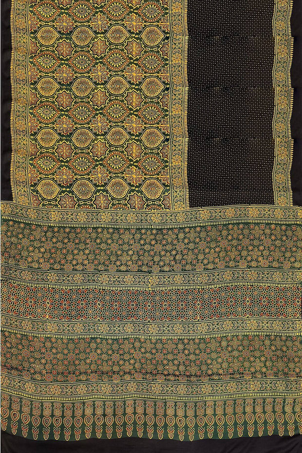Modal silk saree in mehndi green in half & half pattern