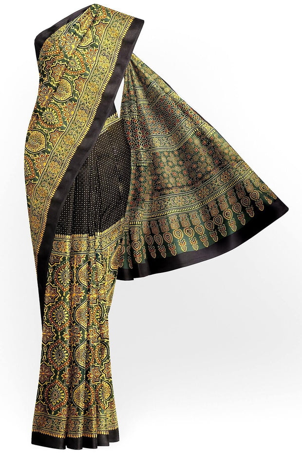 Modal silk saree in mehndi green in half & half pattern