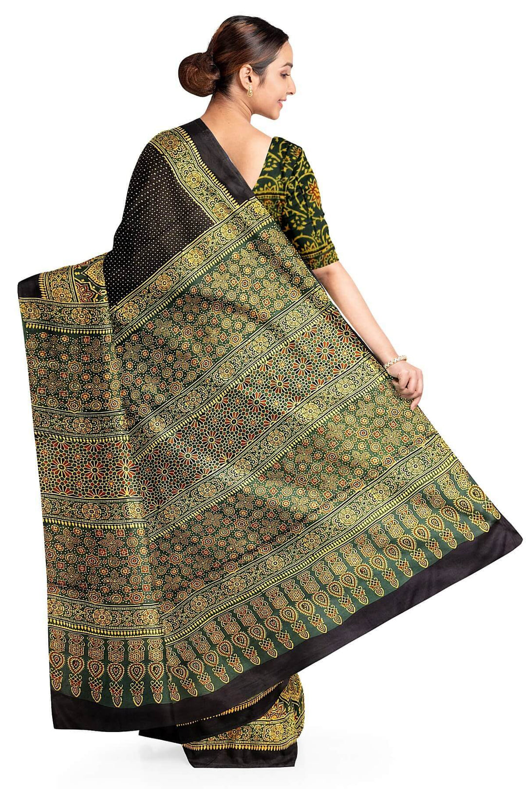Modal silk saree in mehndi green in half & half pattern