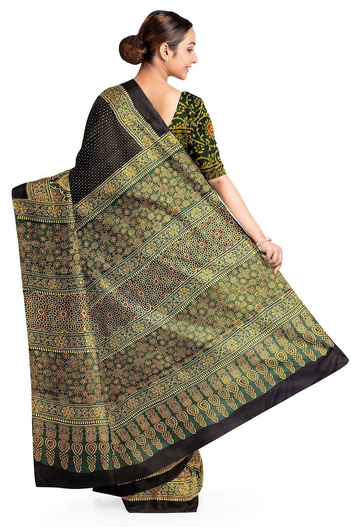 Modal silk saree in mehndi green in half & half pattern