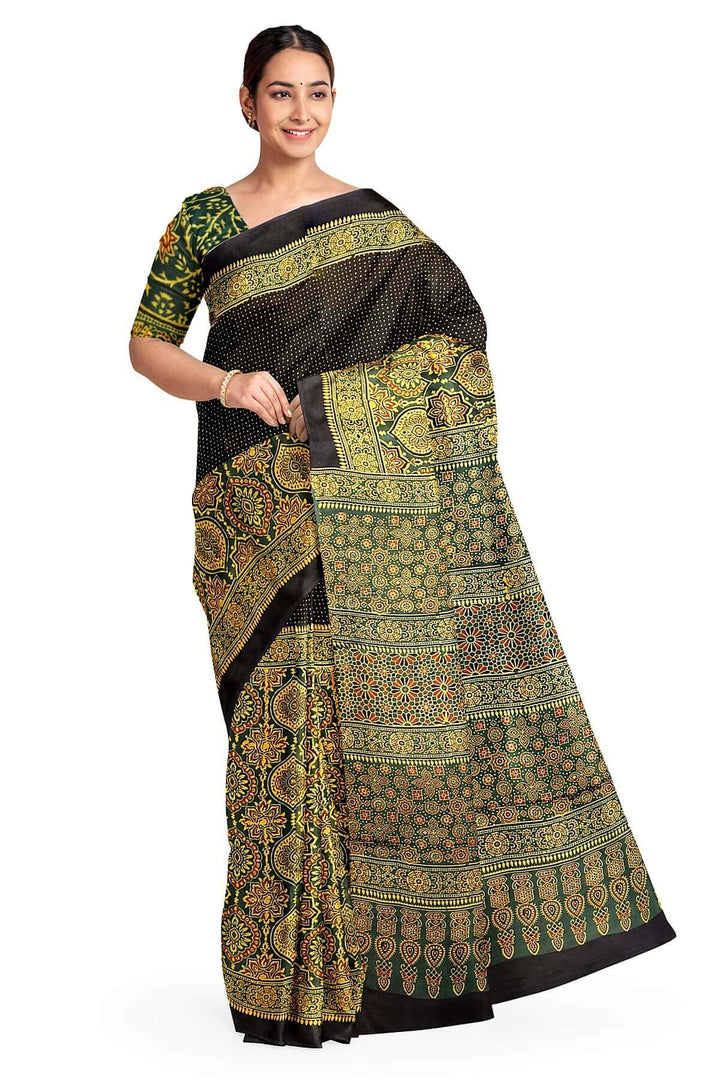 Modal silk saree in mehndi green in half & half pattern