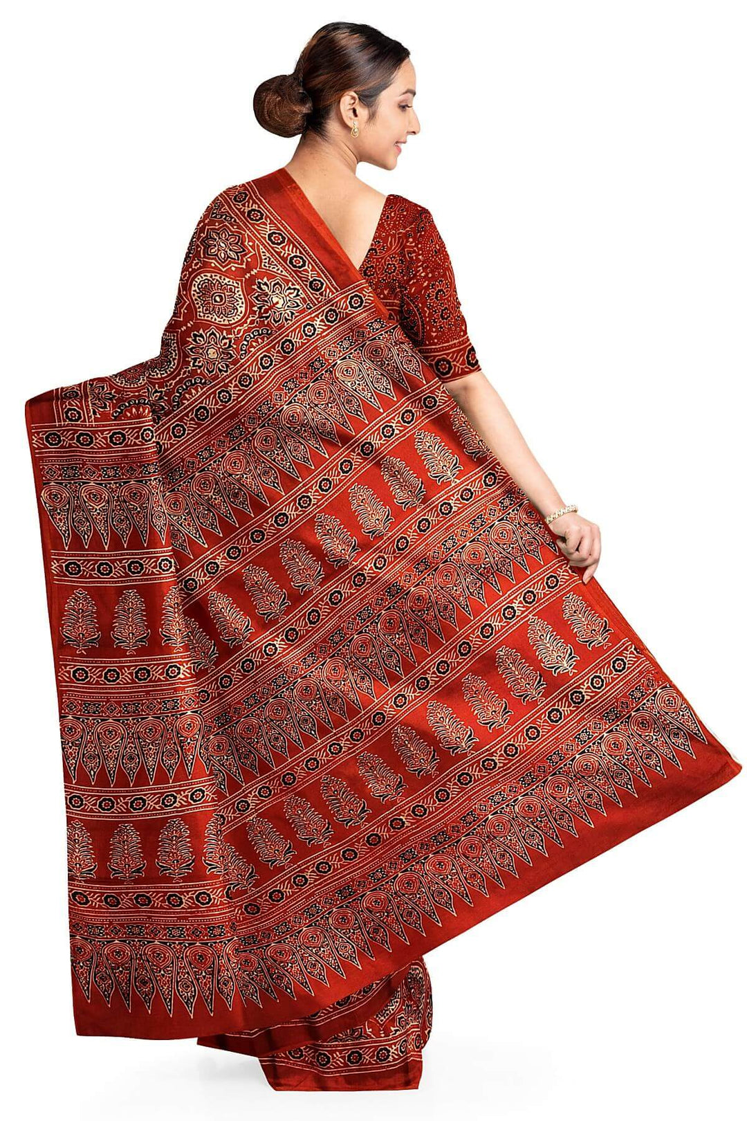 Modal silk saree in red in hand block ajrakh print in floral pattern