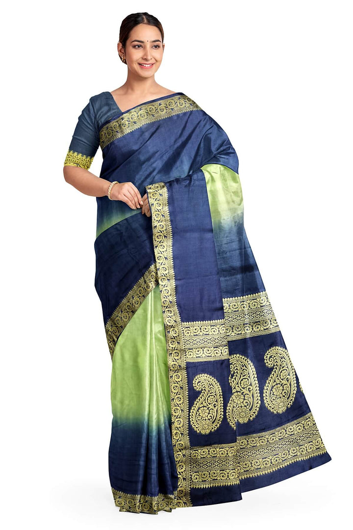 Modal silk saree in  shaded peacock blue with zari pallu & borders.