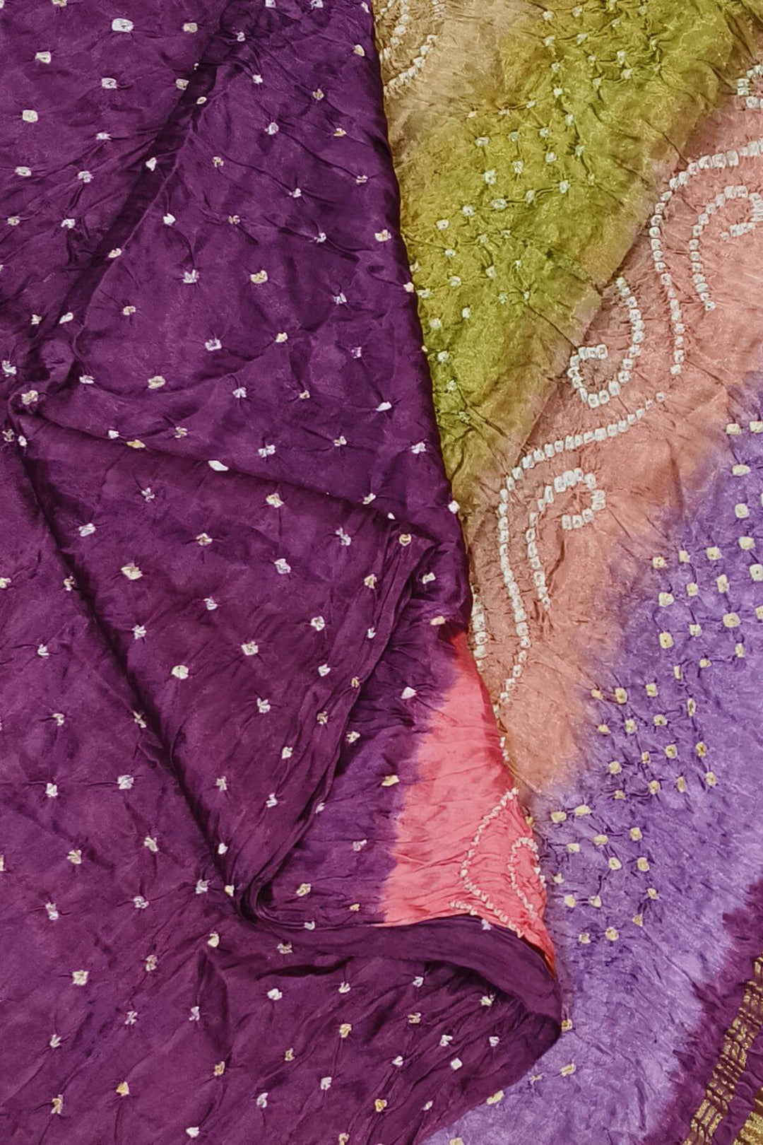 Modal silk bandhni saree  in purple with multicolour & tissue pallu