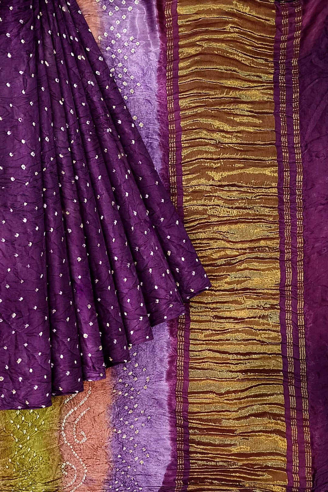 Modal silk bandhni saree  in purple with multicolour & tissue pallu