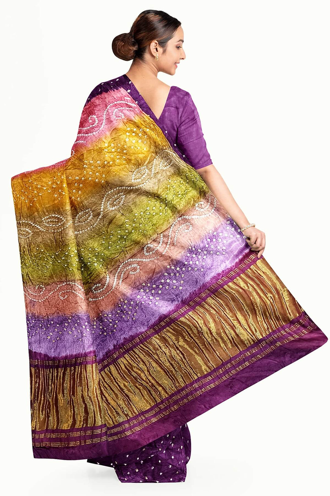 Modal silk bandhni saree  in purple with multicolour & tissue pallu