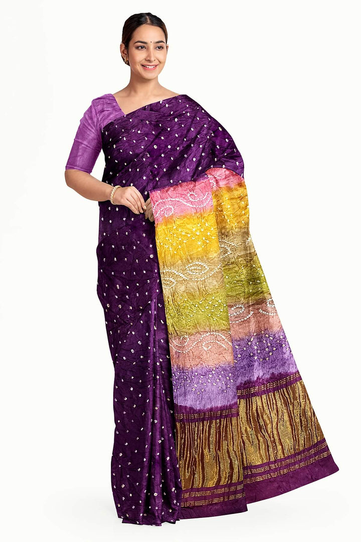 Modal silk bandhni saree  in purple with multicolour & tissue pallu