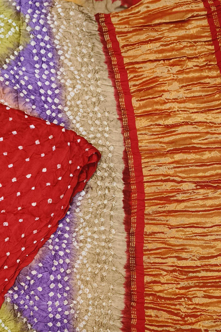 Modal silk bandhni saree  in red with multicolour & tissue pallu