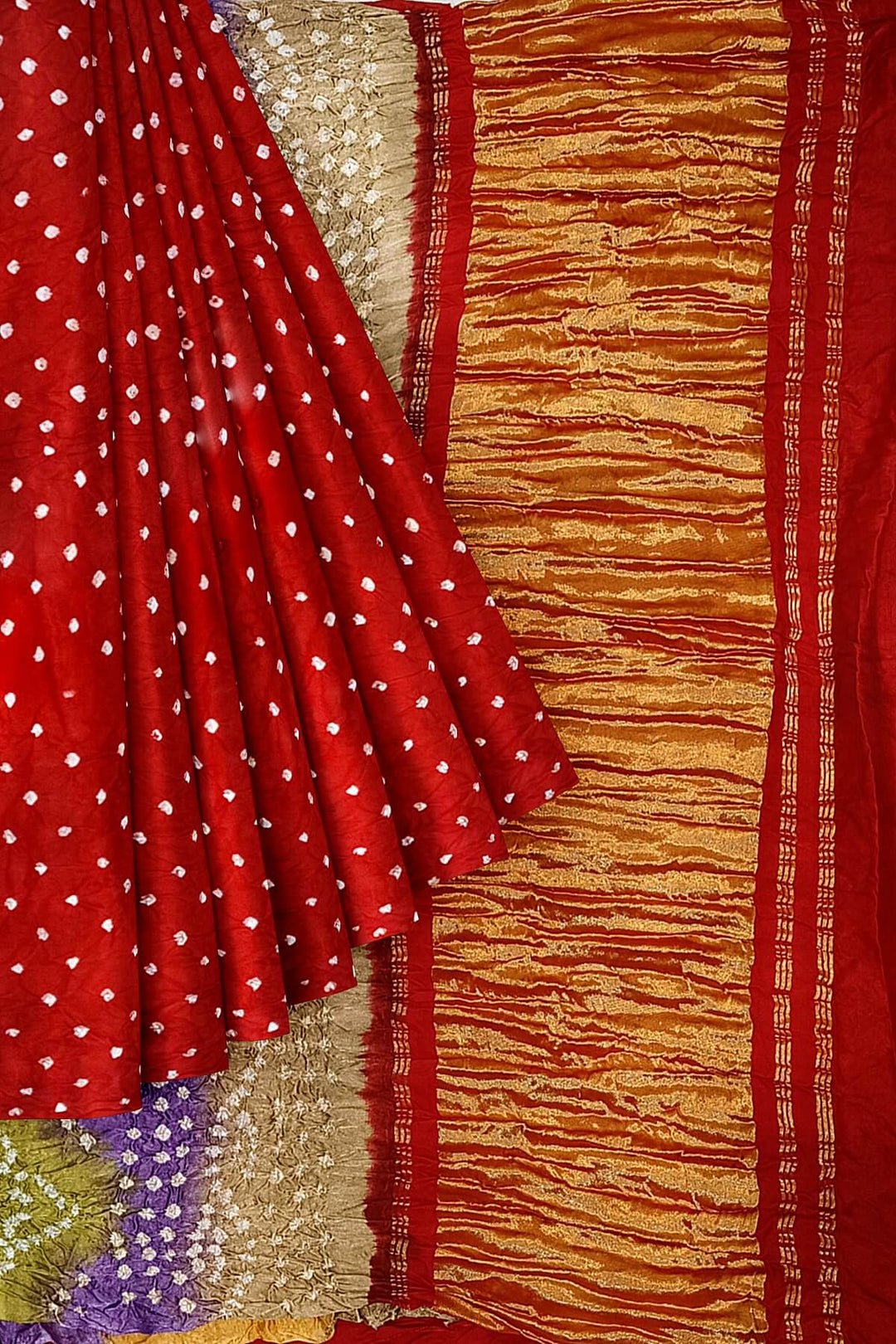 Modal silk bandhni saree  in red with multicolour & tissue pallu