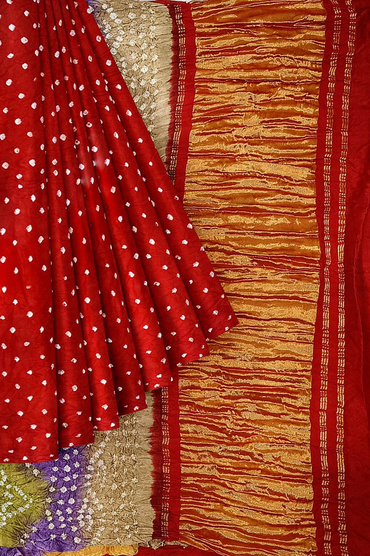 Modal silk bandhni saree  in red with multicolour & tissue pallu