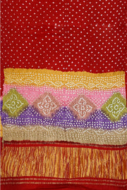 Modal silk bandhni saree  in red with multicolour & tissue pallu