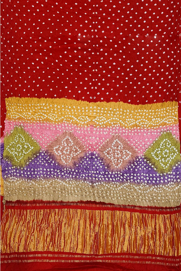 Modal silk bandhni saree  in red with multicolour & tissue pallu