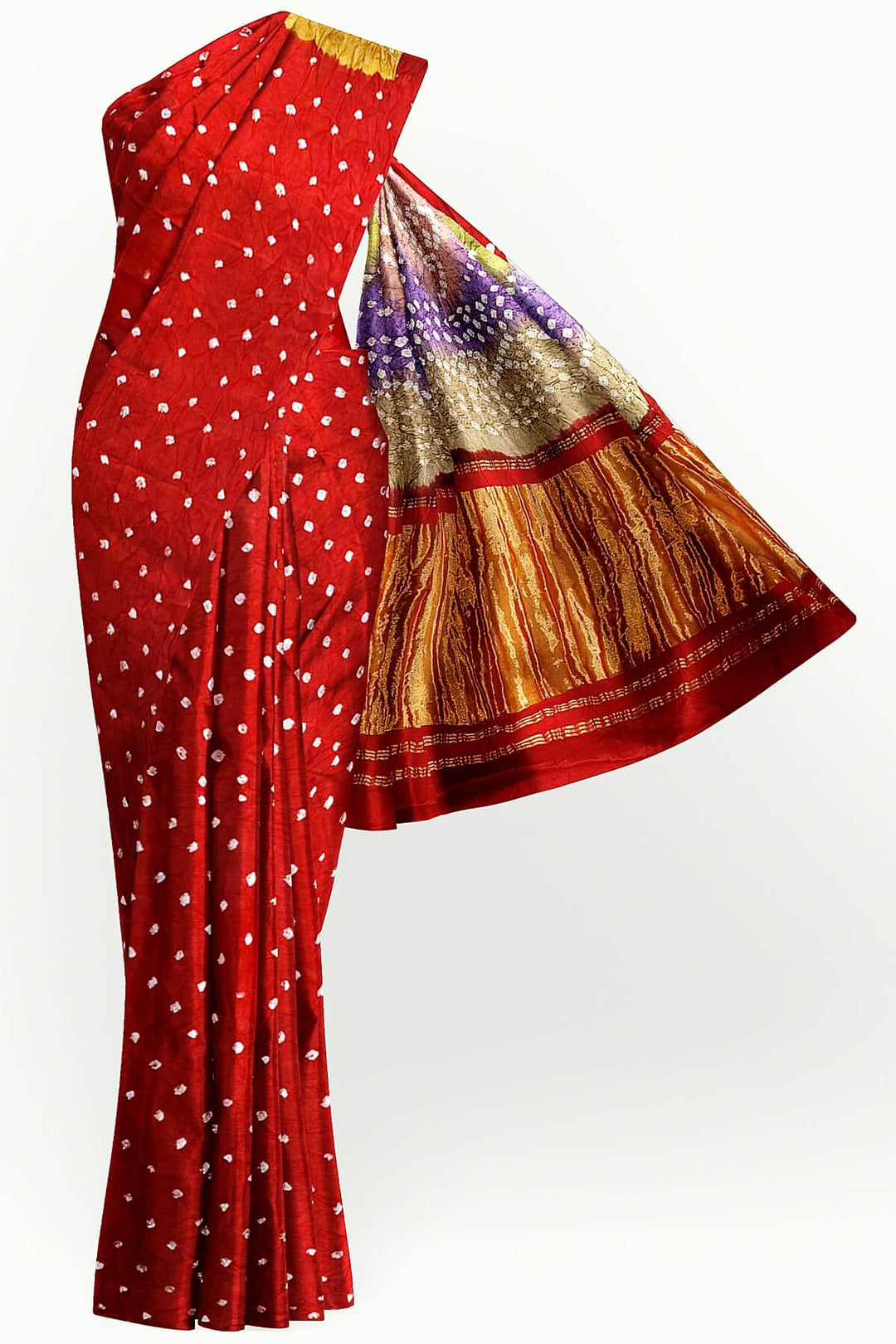 Modal silk bandhni saree  in red with multicolour & tissue pallu