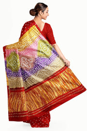 Modal silk bandhni saree  in red with multicolour & tissue pallu