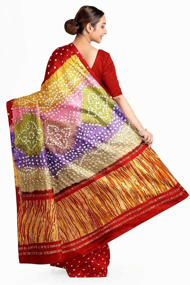 Modal silk bandhni saree  in red with multicolour & tissue pallu