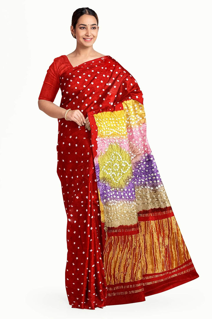 Modal silk bandhni saree  in red with multicolour & tissue pallu