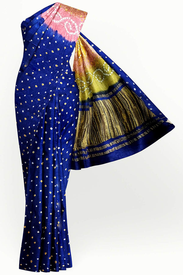 Modal silk bandhni saree  in royal blue with  tissue pallu