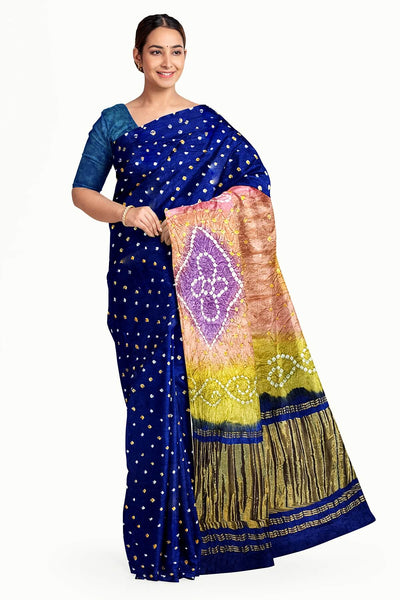 Modal silk bandhni saree  in royal blue with  tissue pallu