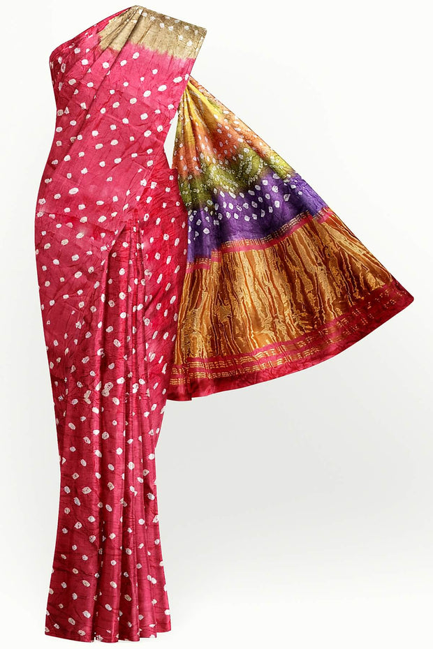 Modal silk bandhni saree  in pink with multicolour & tissue pallu