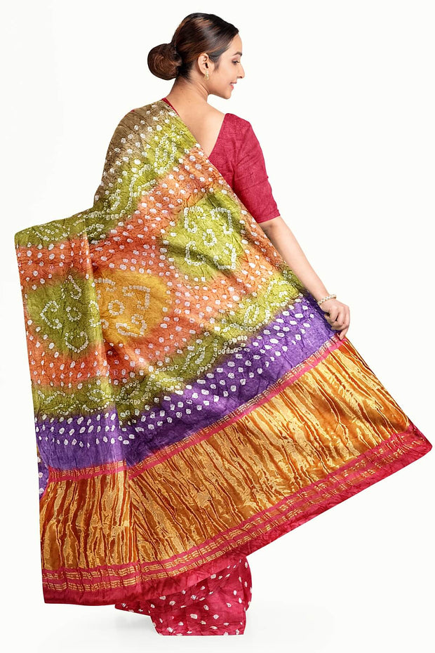 Modal silk bandhni saree  in pink with multicolour & tissue pallu