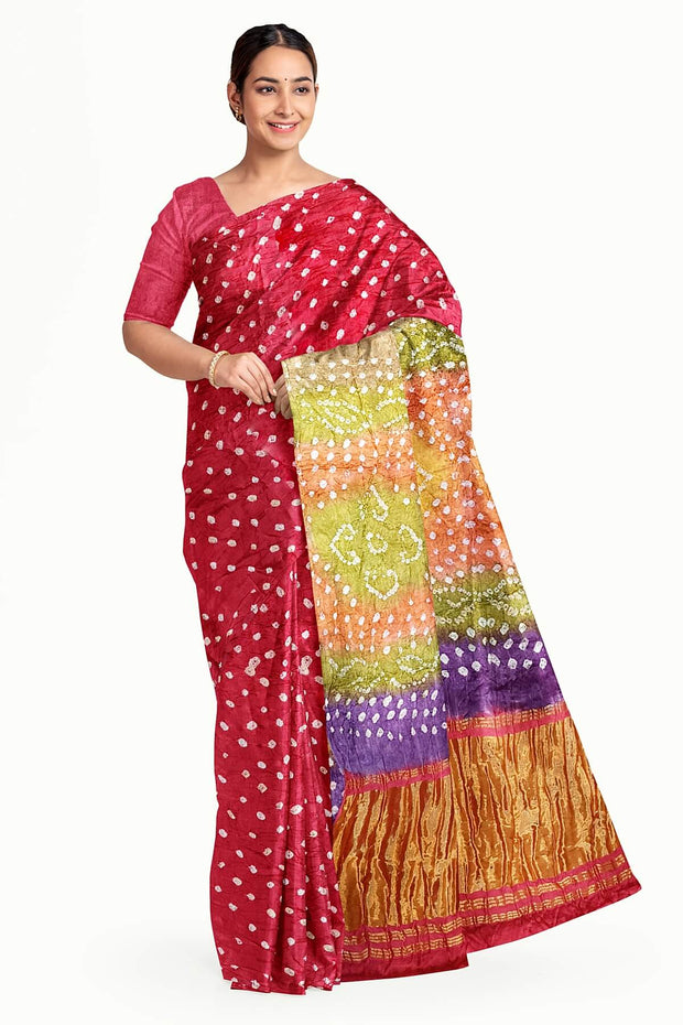 Modal silk bandhni saree  in pink with multicolour & tissue pallu