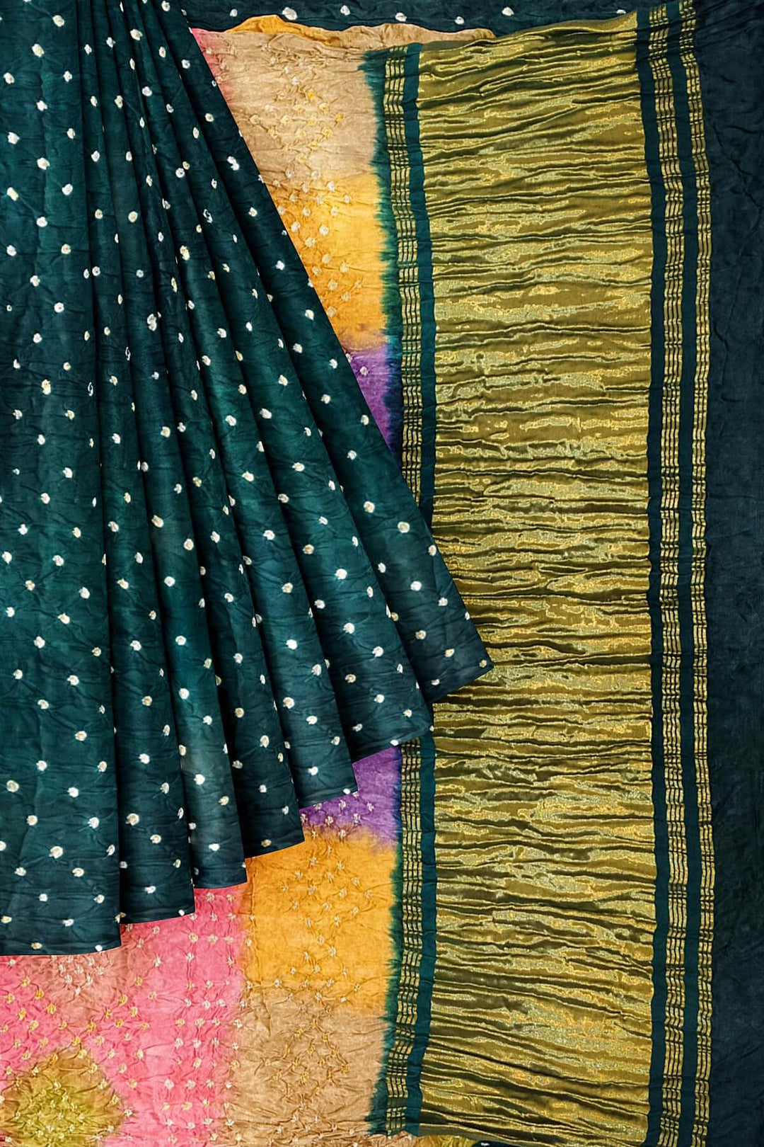 Modal silk bandhni saree  in bottle green with  tissue pallu