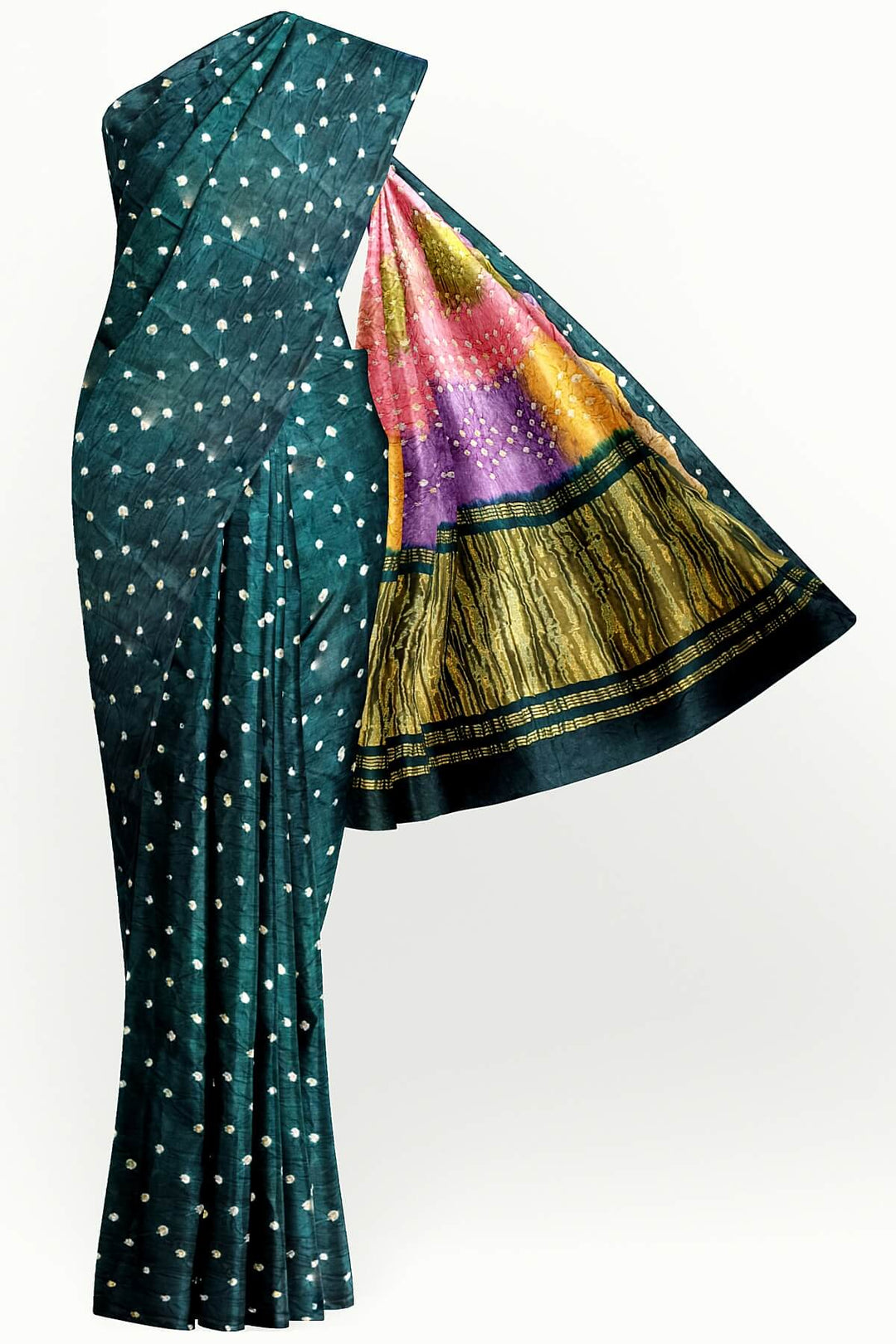 Modal silk bandhni saree  in bottle green with  tissue pallu