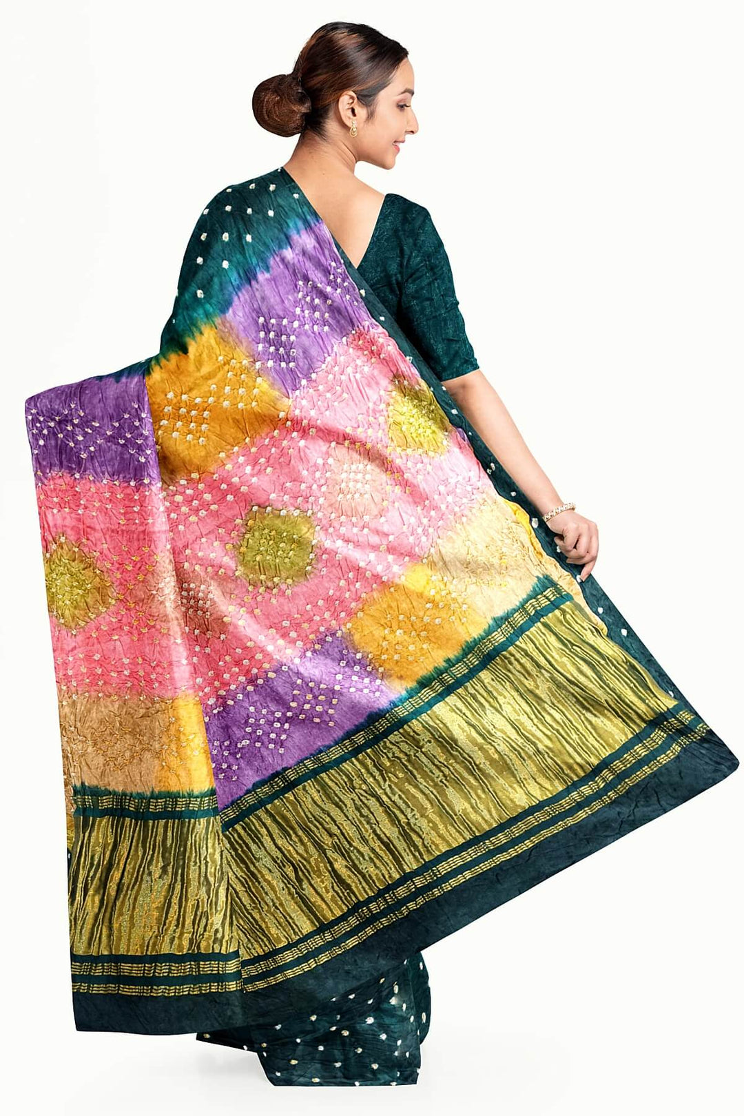 Modal silk bandhni saree  in bottle green with  tissue pallu