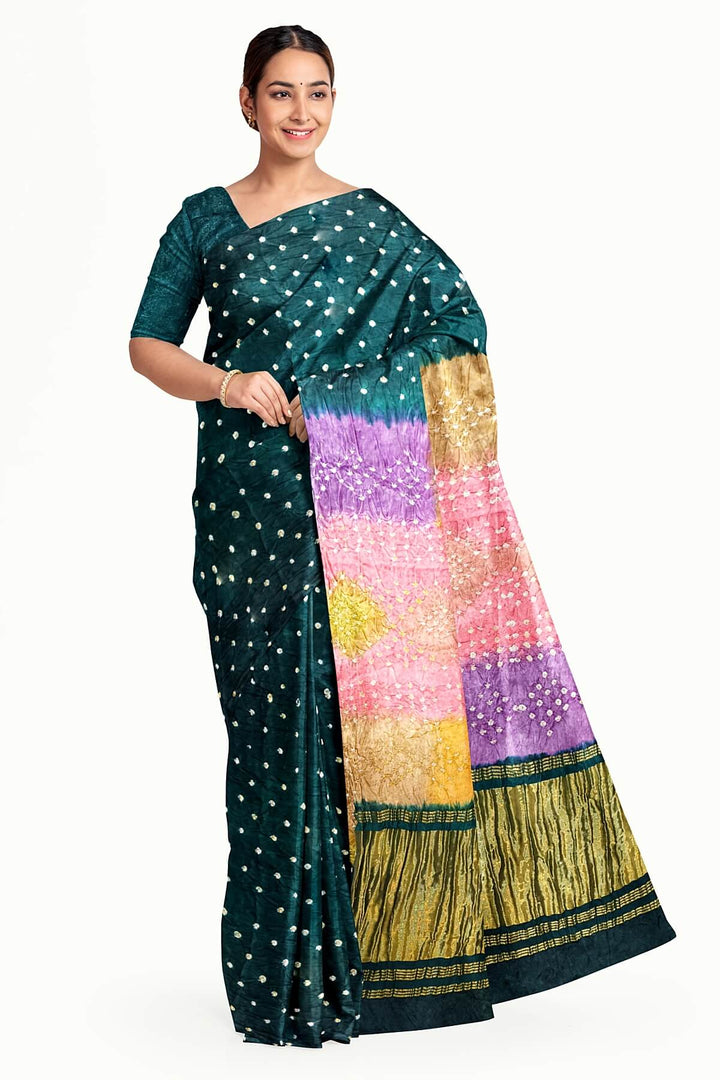 Modal silk bandhni saree  in bottle green with  tissue pallu