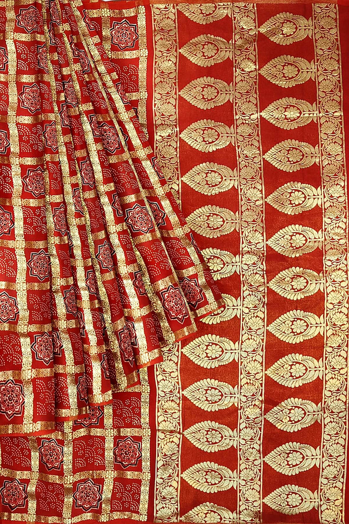 Modal silk saree in red in ghar chola pattern