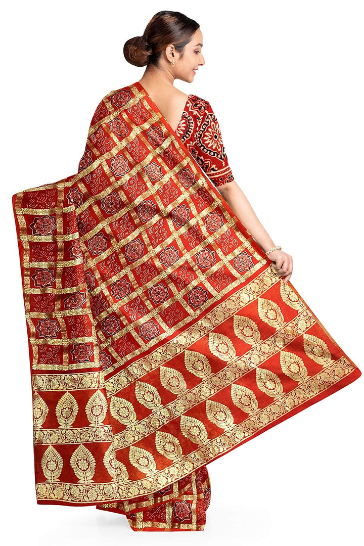 Modal silk saree in red in ghar chola pattern
