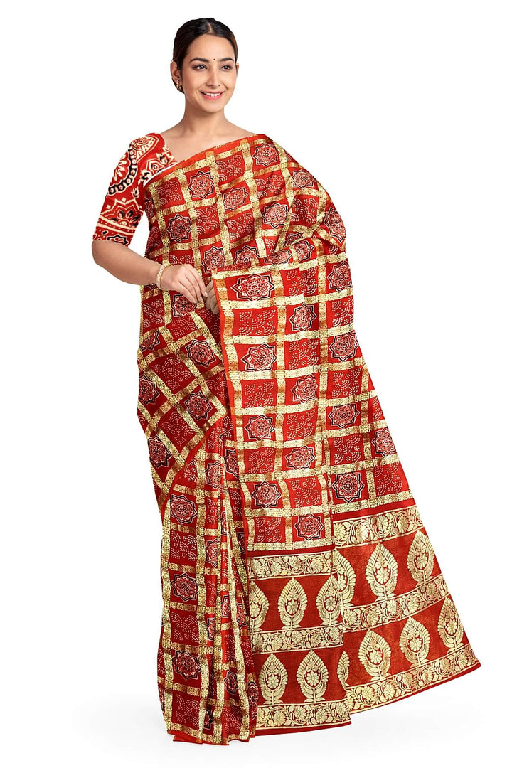 Modal silk saree in red in ghar chola pattern