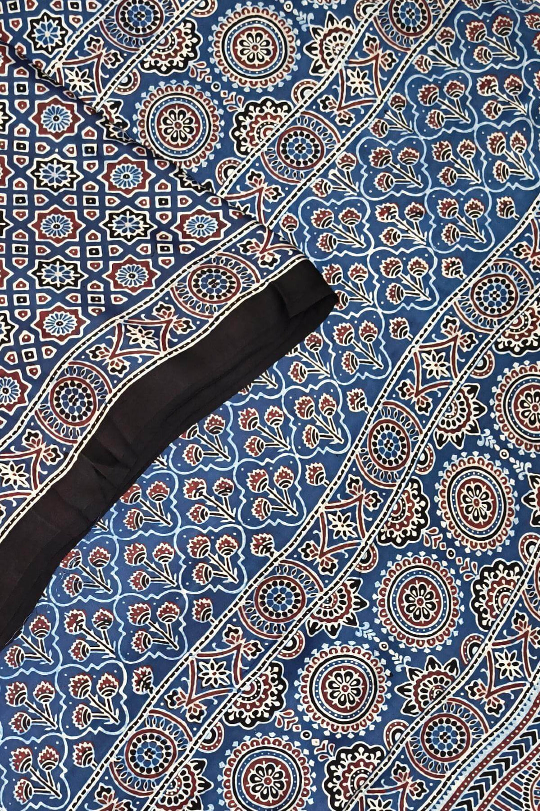 Modal silk saree in blue in hand block ajrakh print