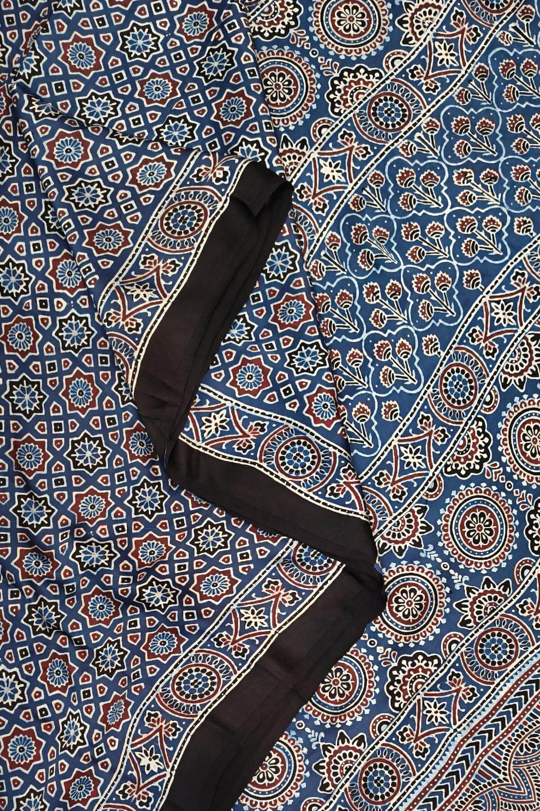 Modal silk saree in blue in hand block ajrakh print