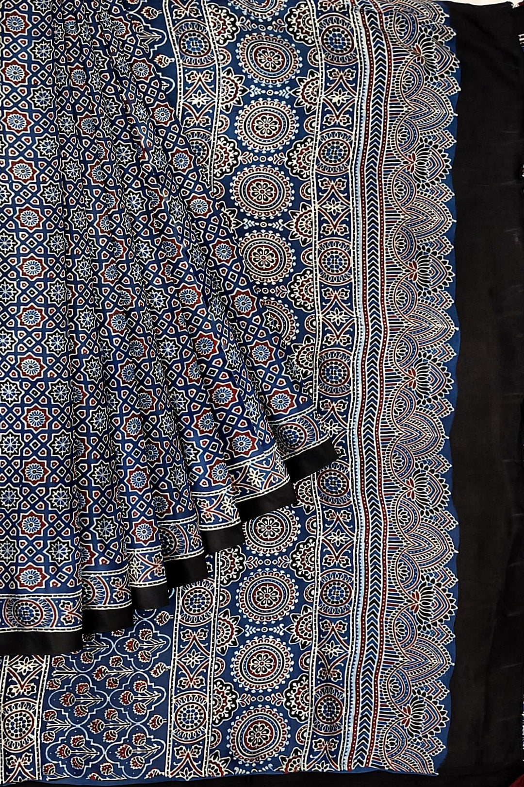 Modal silk saree in blue in hand block ajrakh print