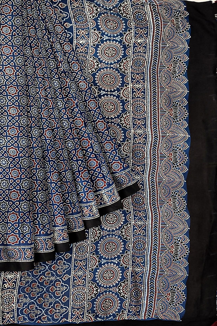 Modal silk saree in blue in hand block ajrakh print