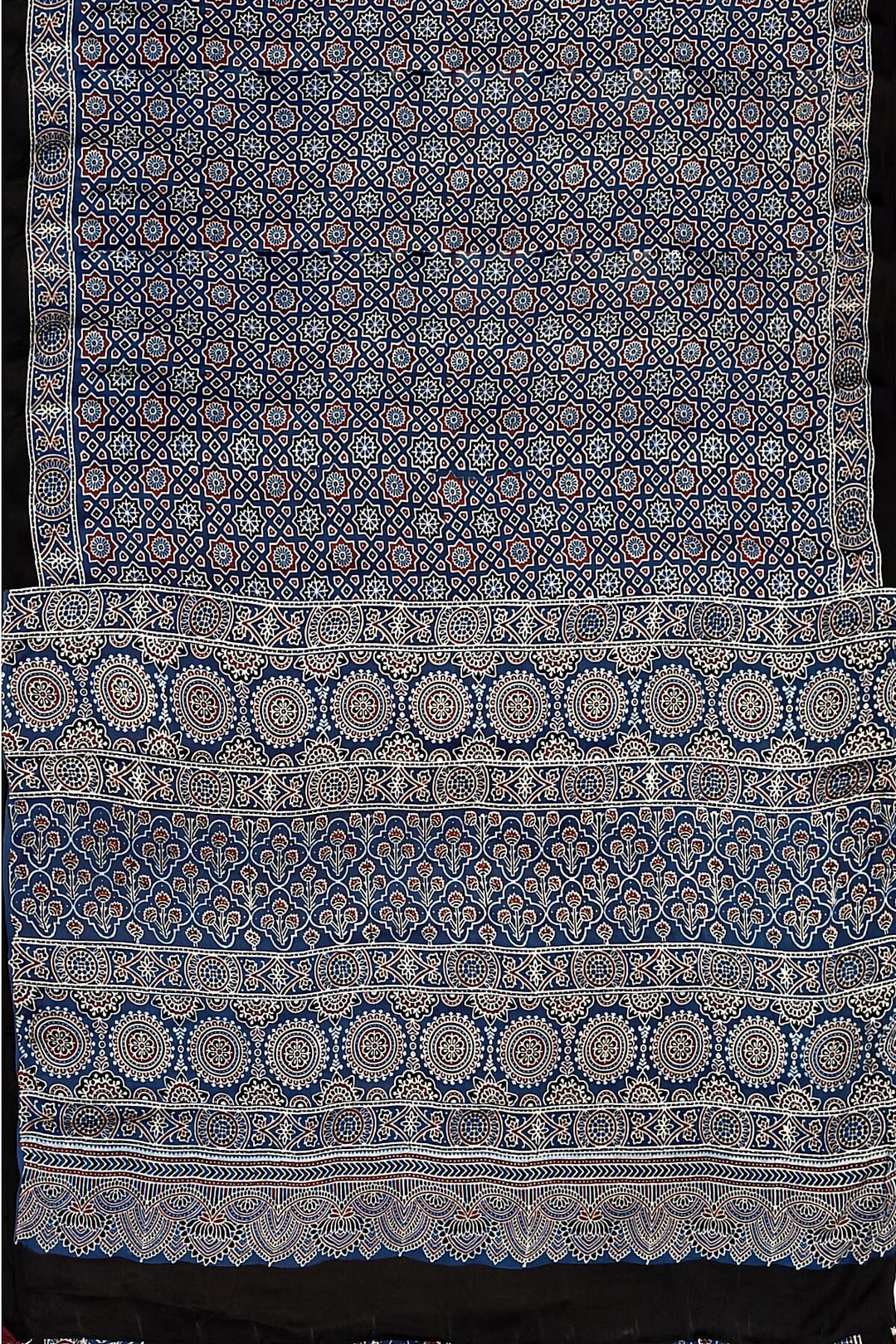 Modal silk saree in blue in hand block ajrakh print