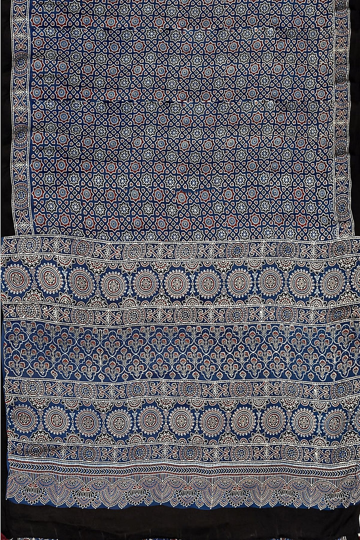 Modal silk saree in blue in hand block ajrakh print