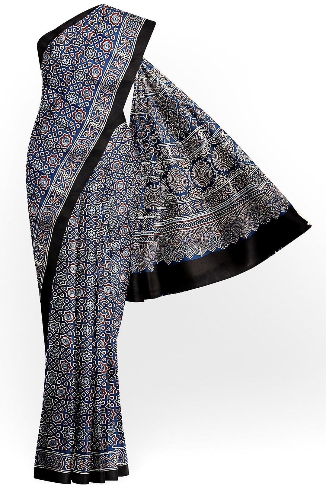 Modal silk saree in blue in hand block ajrakh print