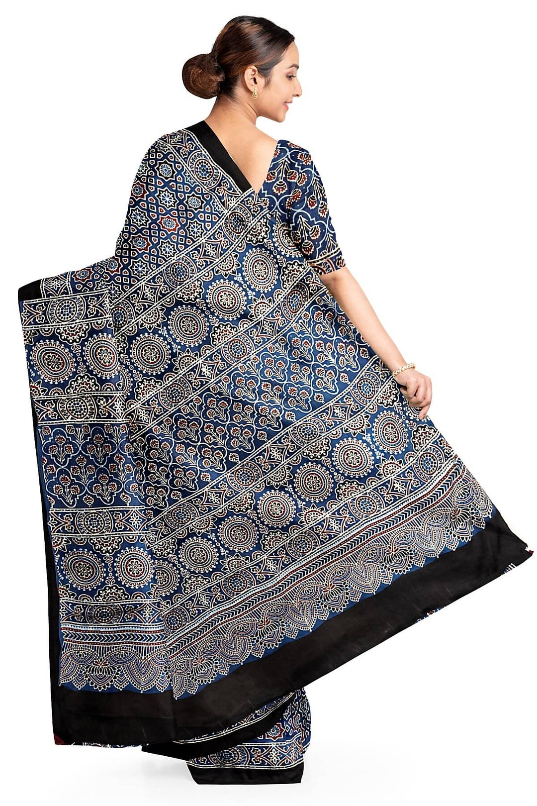 Modal silk saree in blue in hand block ajrakh print